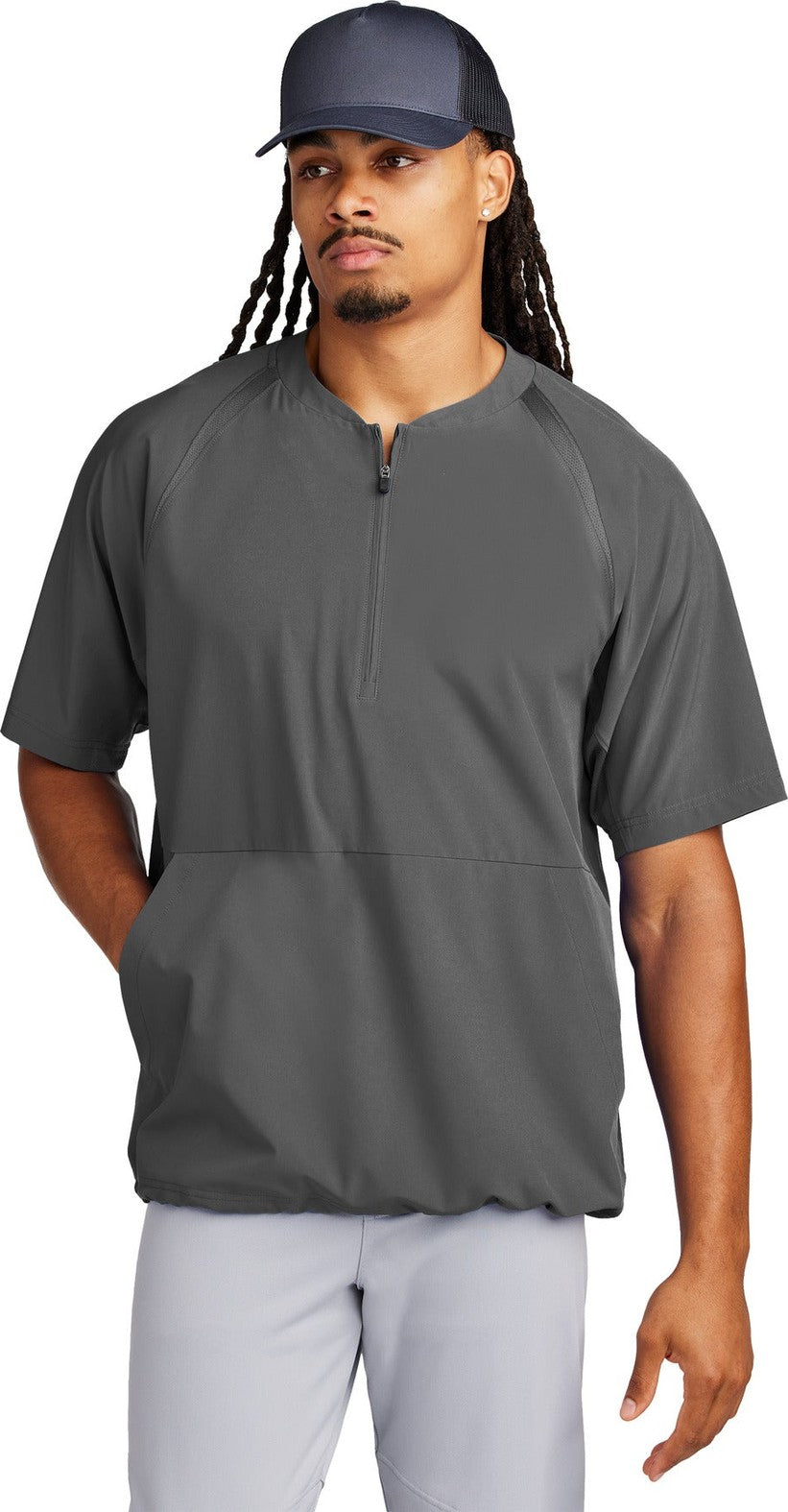 Front View of IronGrey Sport-Tek Repeat 1/2-Zip Short Sleeve Jacket JST489