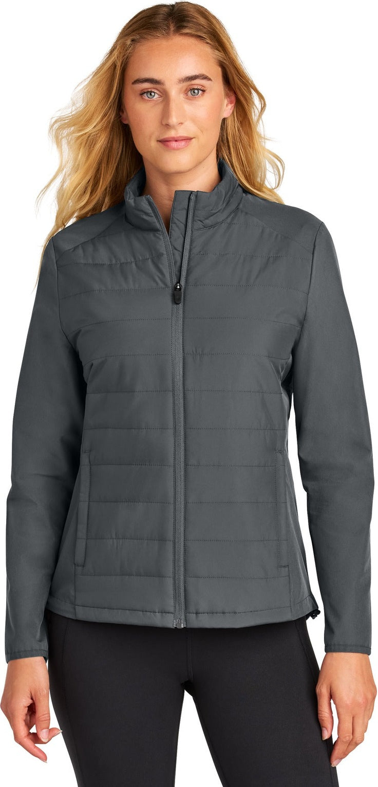Front View of IronGrey Sport-Tek Women's Teknical Hybrid Jacket LST940