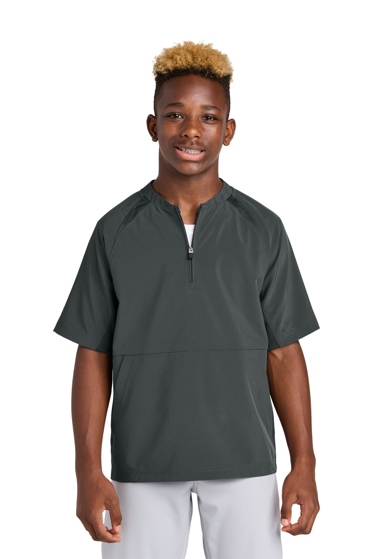 Front View of IronGrey Sport-Tek Youth Repeat 1/2-Zip Short Sleeve Jacket YJST489