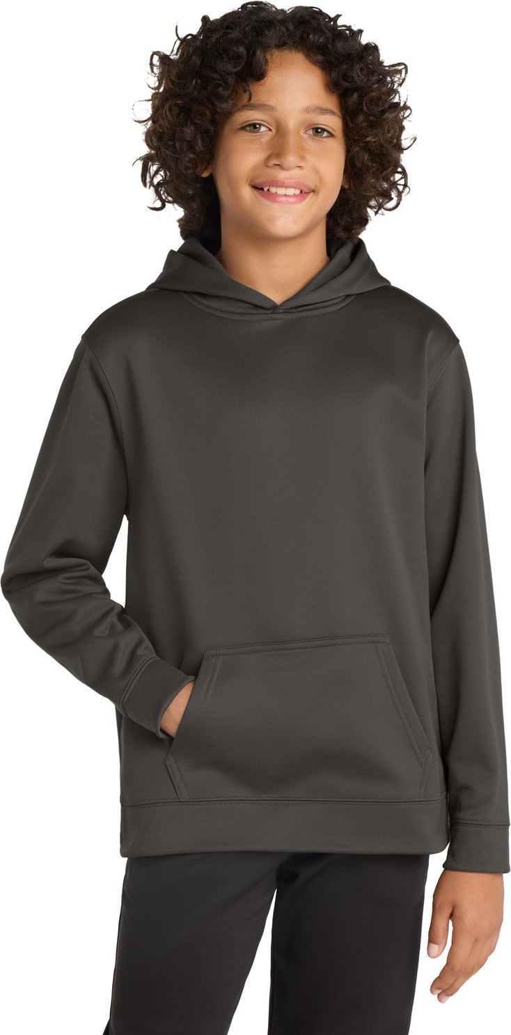 Front View of IronGrey Sport-Tek Youth Sport-Wick Fleece Hooded Pullover. YST244