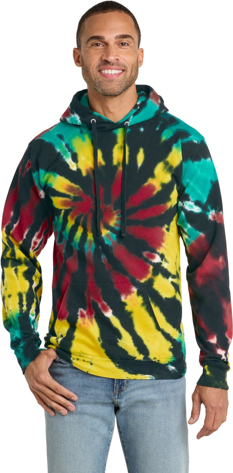 Front View of IslandSprl Port & Co Tie-Dye Pullover Hooded Sweatshirt. PC146