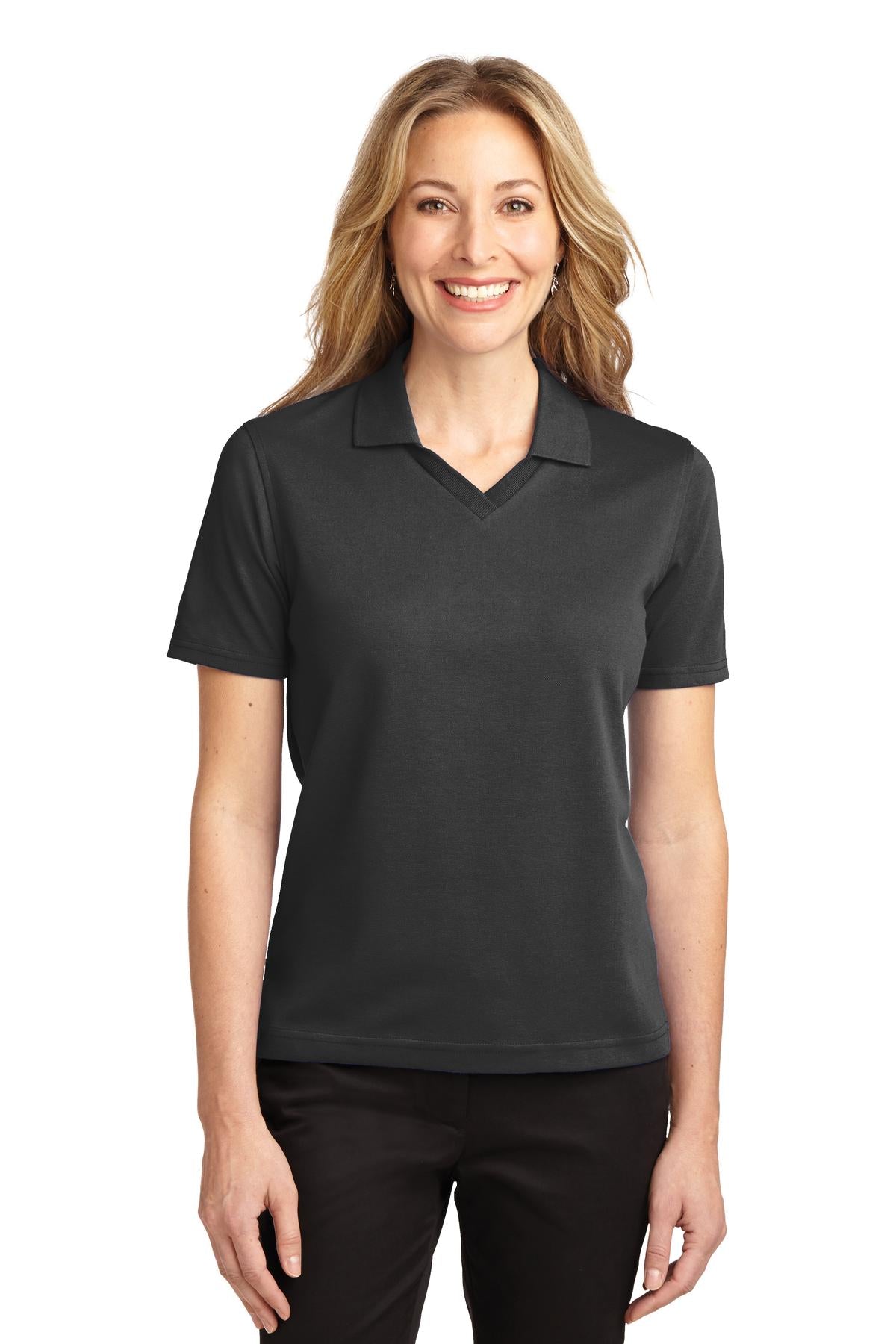 Front View of Jet Black Port Authority Women's Rapid Dry Polo. L455