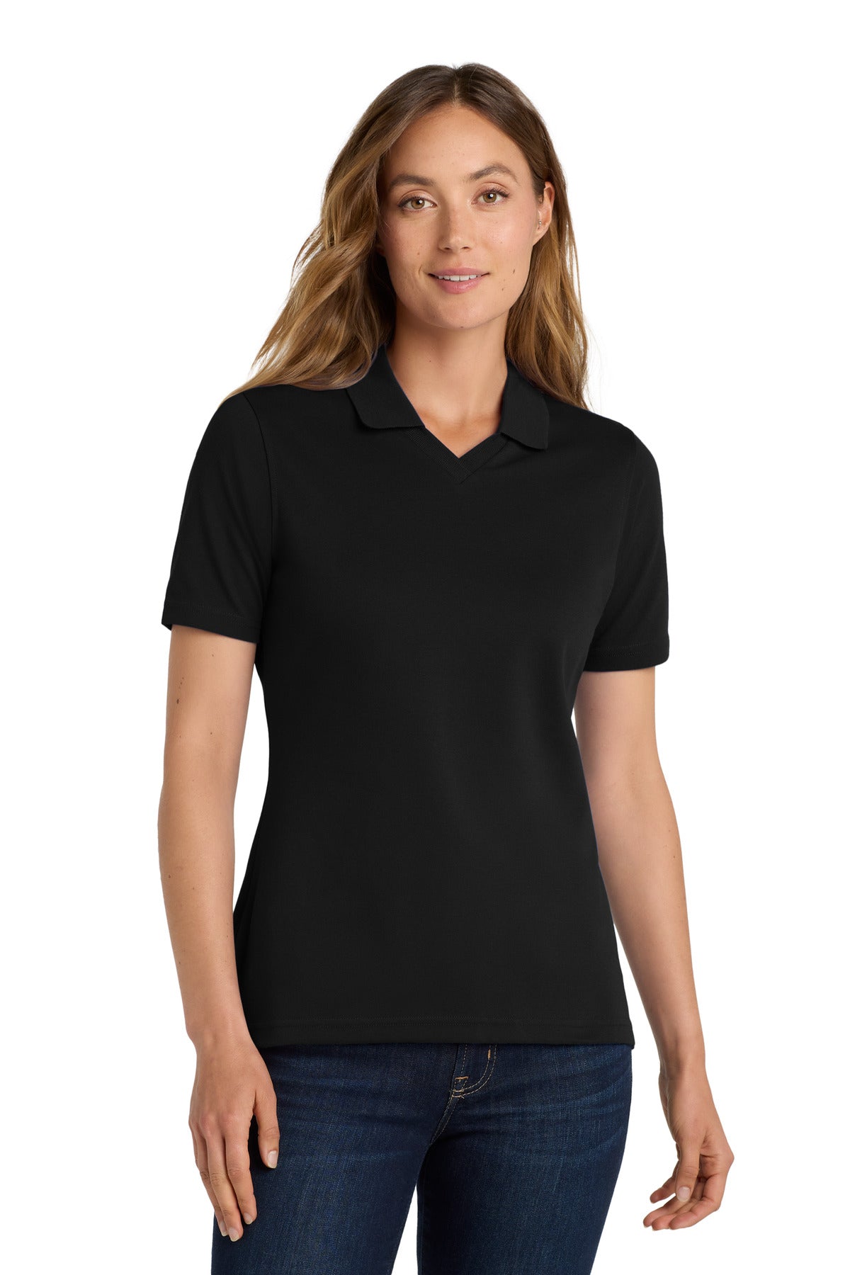 Front View of Jet Black Port Authority Women's Rapid Dry Polo. L455