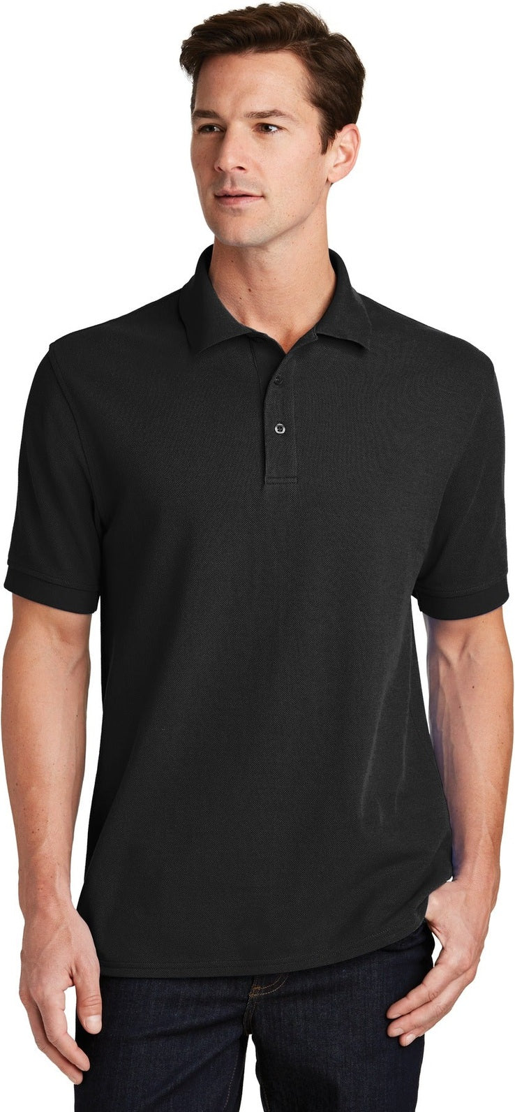 Front View of Jet Black Port & Co Combed Ring Spun Pique Polo. KP1500