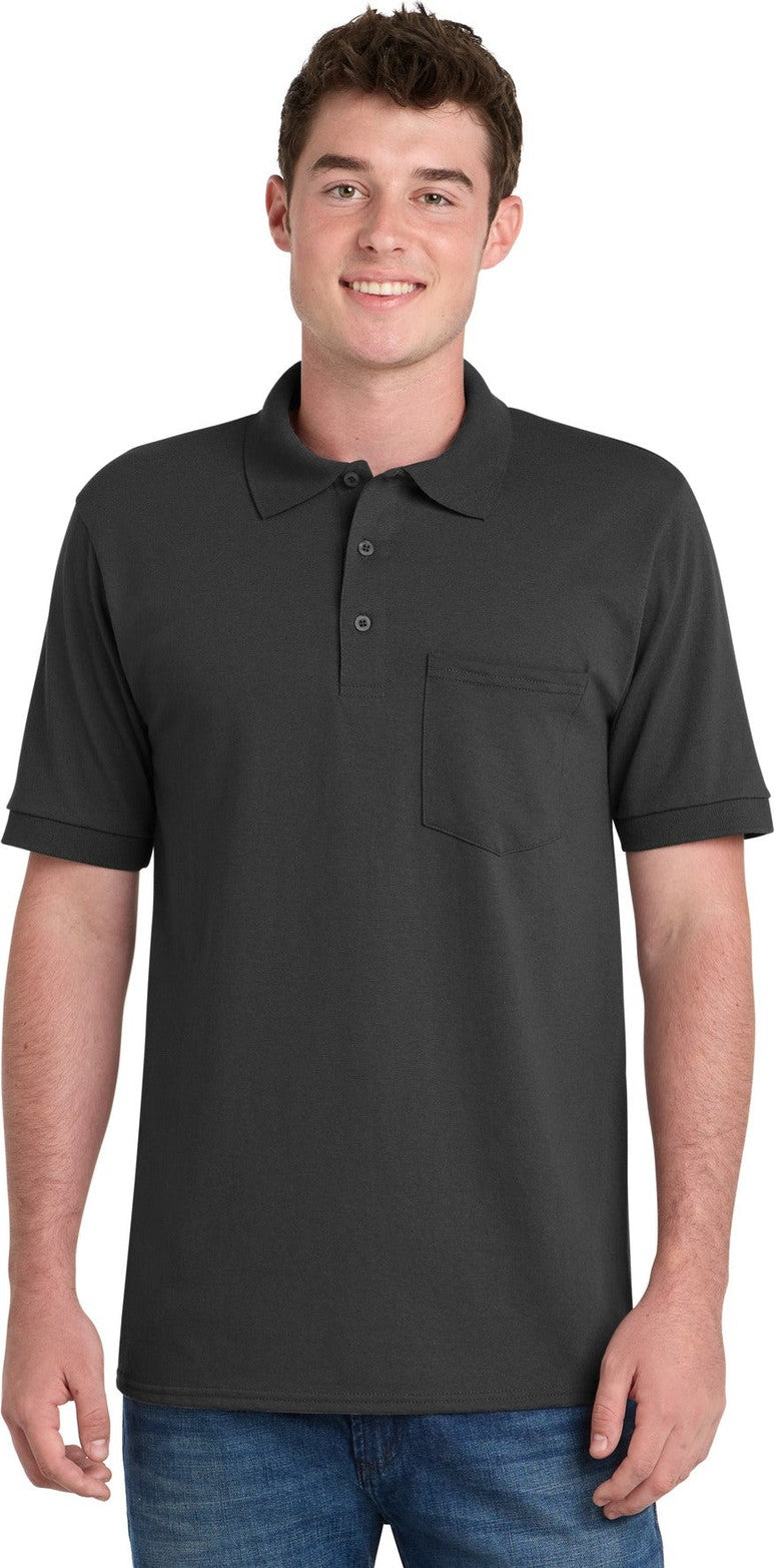 Front View of Jet Black Port & Co Core Blend Jersey Knit Pocket Polo. KP55P