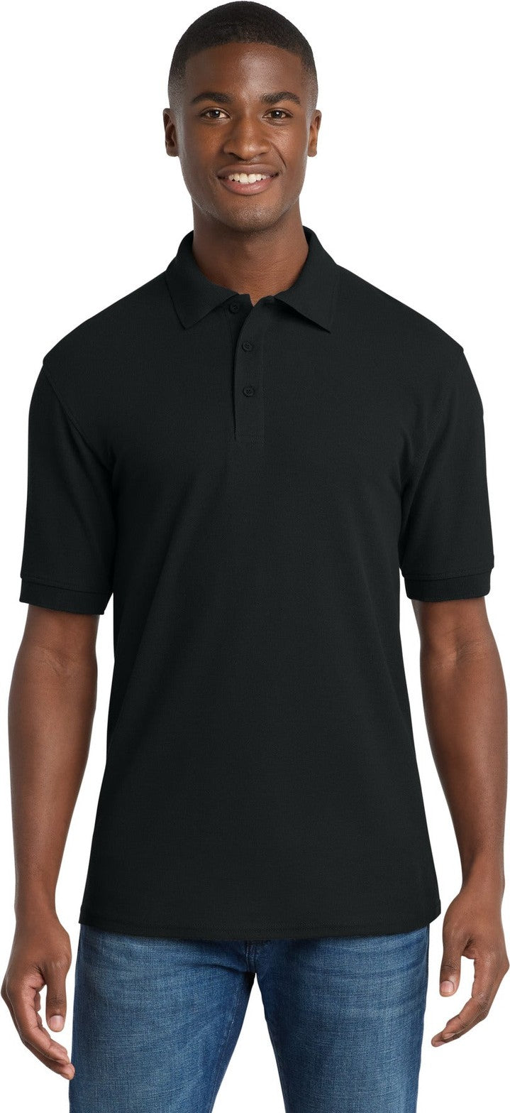 Front View of Jet Black Port & Co Core Blend Pique Polo. KP155
