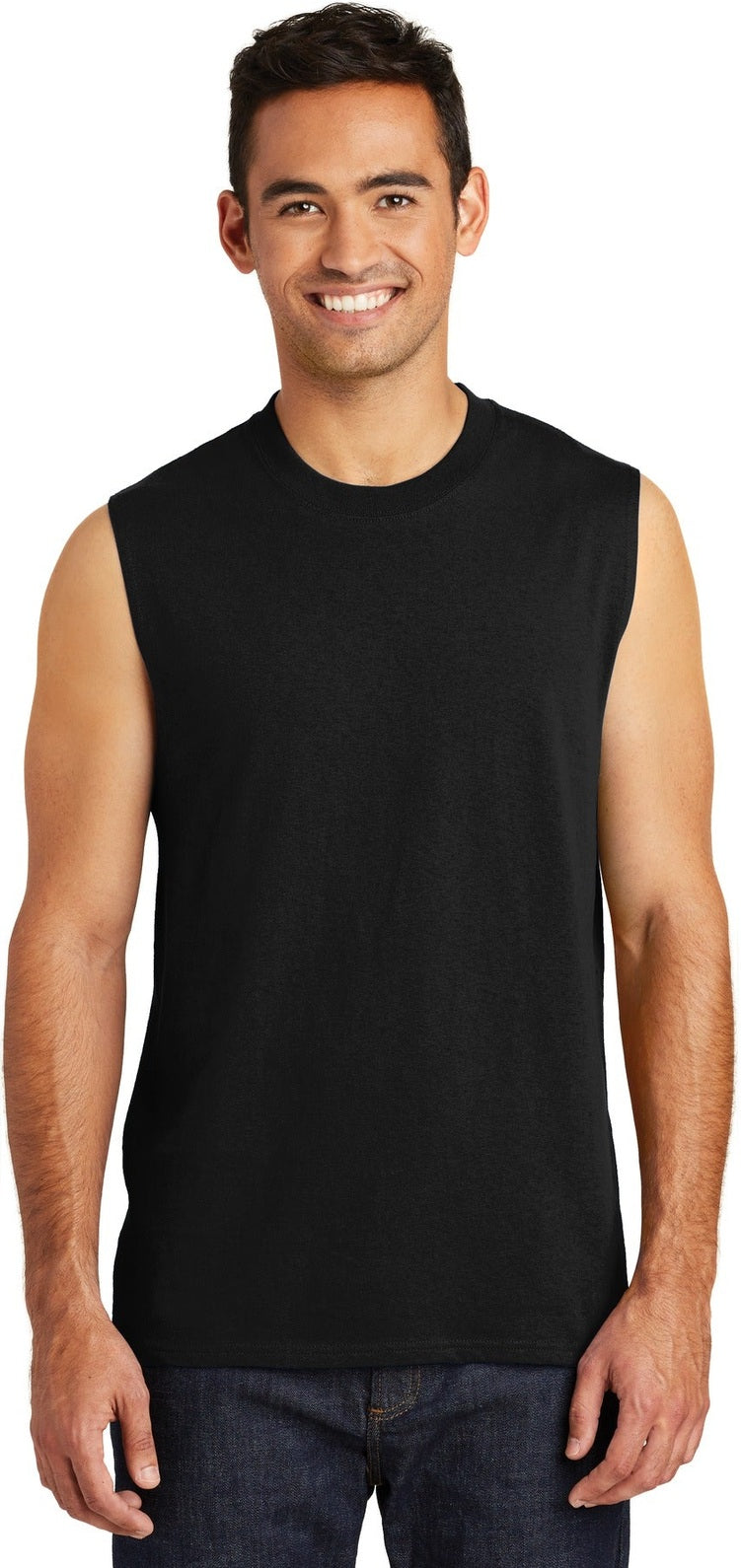 Front View of Jet Black Port & Co Core Cotton Sleeveless Tee. PC54SL