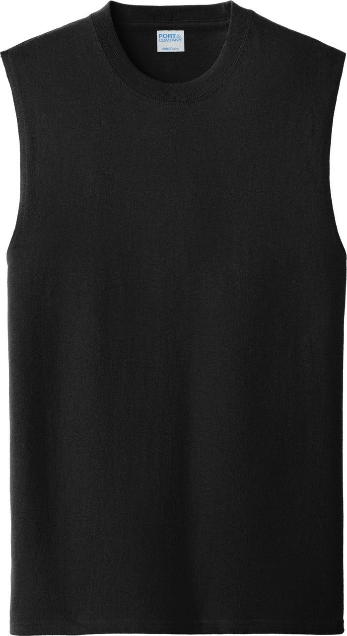 Front View of Jet Black Port & Co Core Cotton Sleeveless Tee. PC54SL