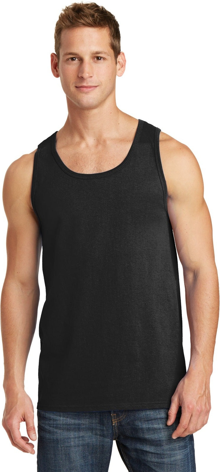 Front View of Jet Black Port & Co Core Cotton Tank Top. PC54TT