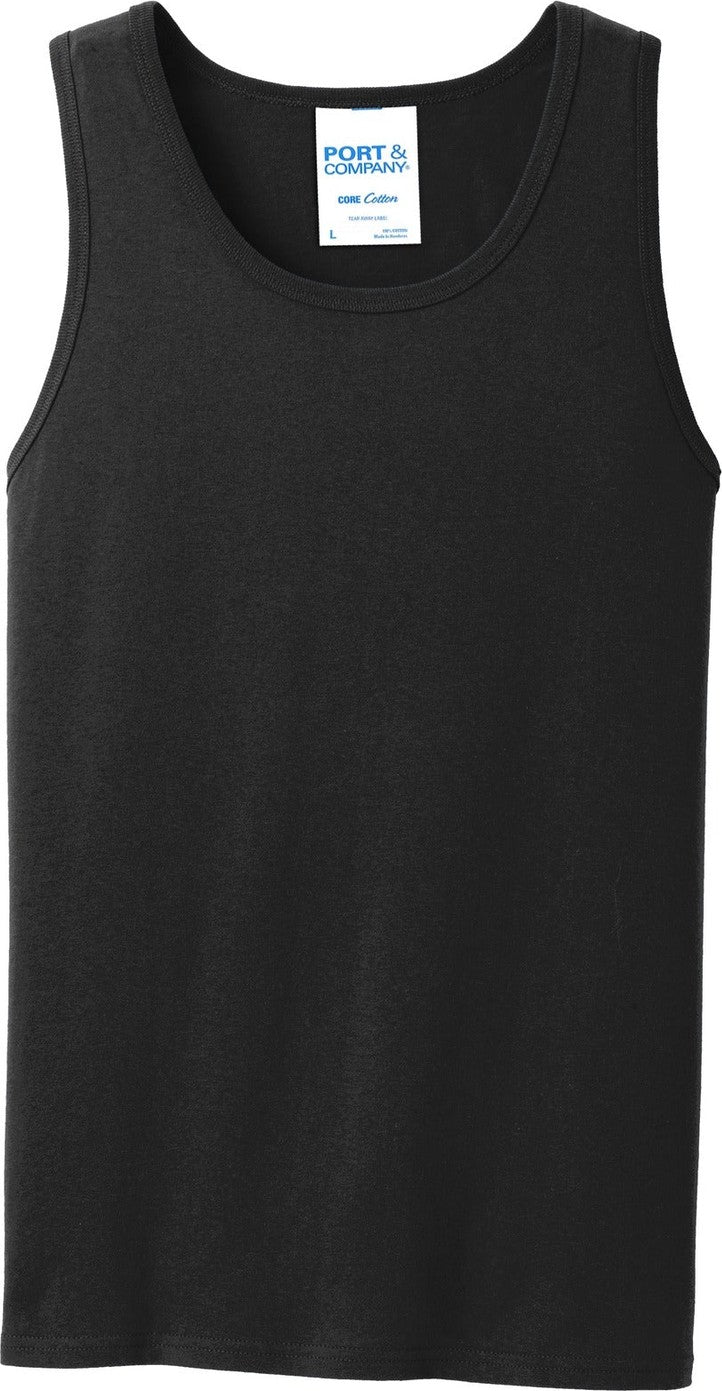 Front View of Jet Black Port & Co Core Cotton Tank Top. PC54TT