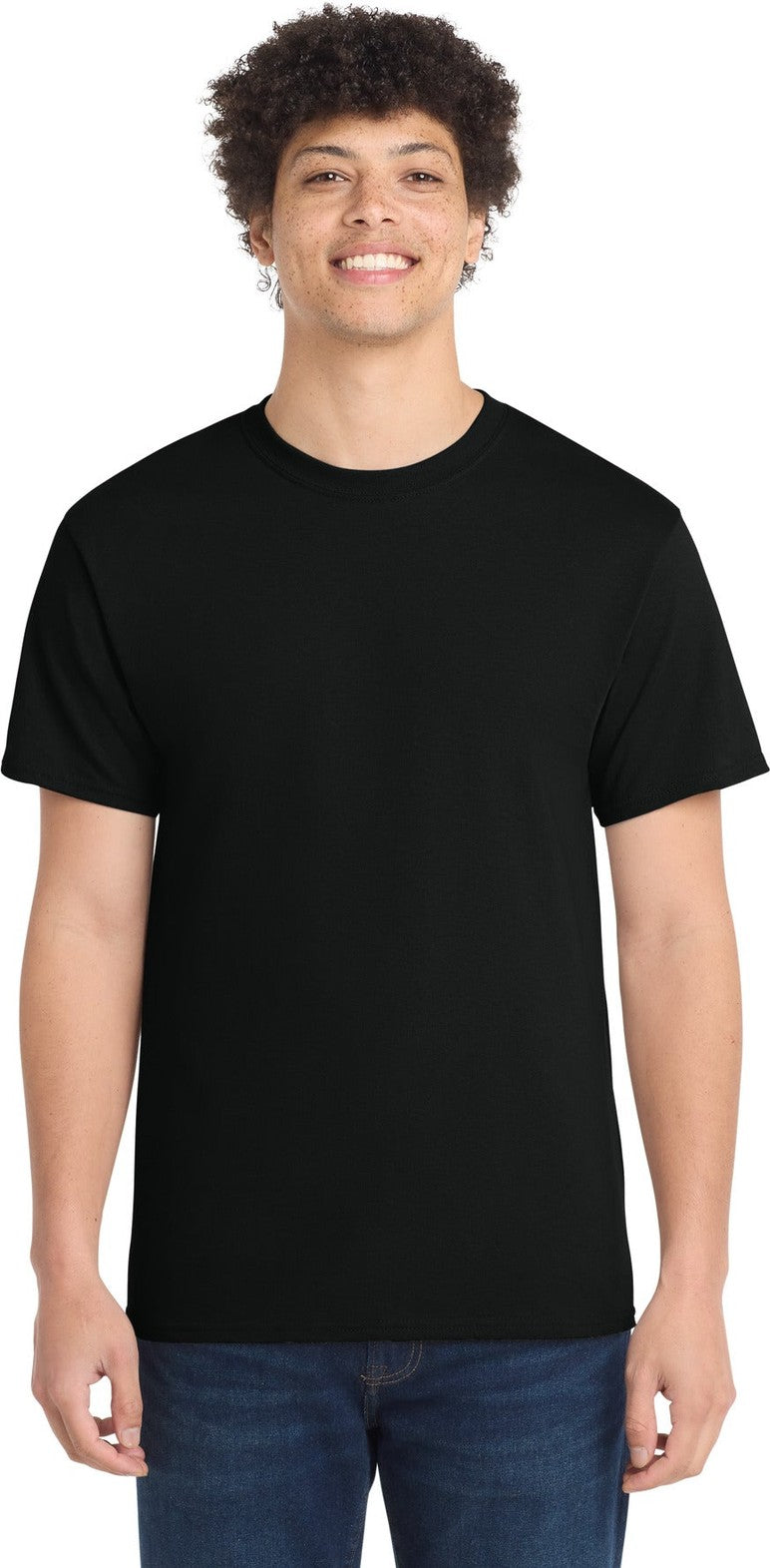 Front View of Jet Black Port & Co Core Cotton Tee. PC54