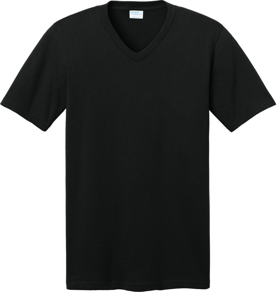Front View of Jet Black Port & Co Core Cotton V-Neck Tee. PC54V
