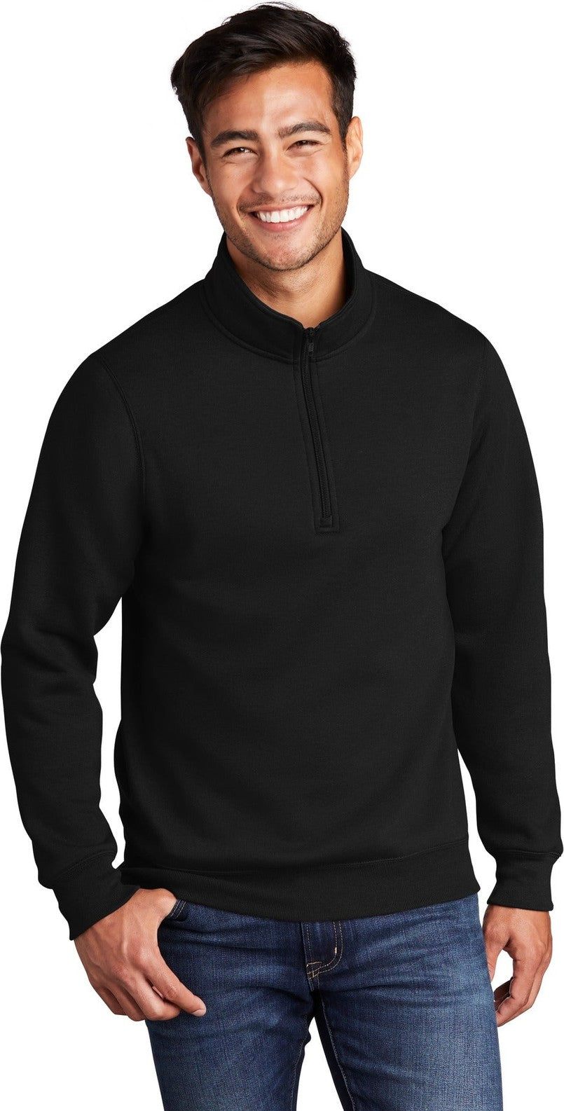 Front View of Jet Black Port & Co Core Fleece 1/4-Zip Pullover Sweatshirt PC78Q