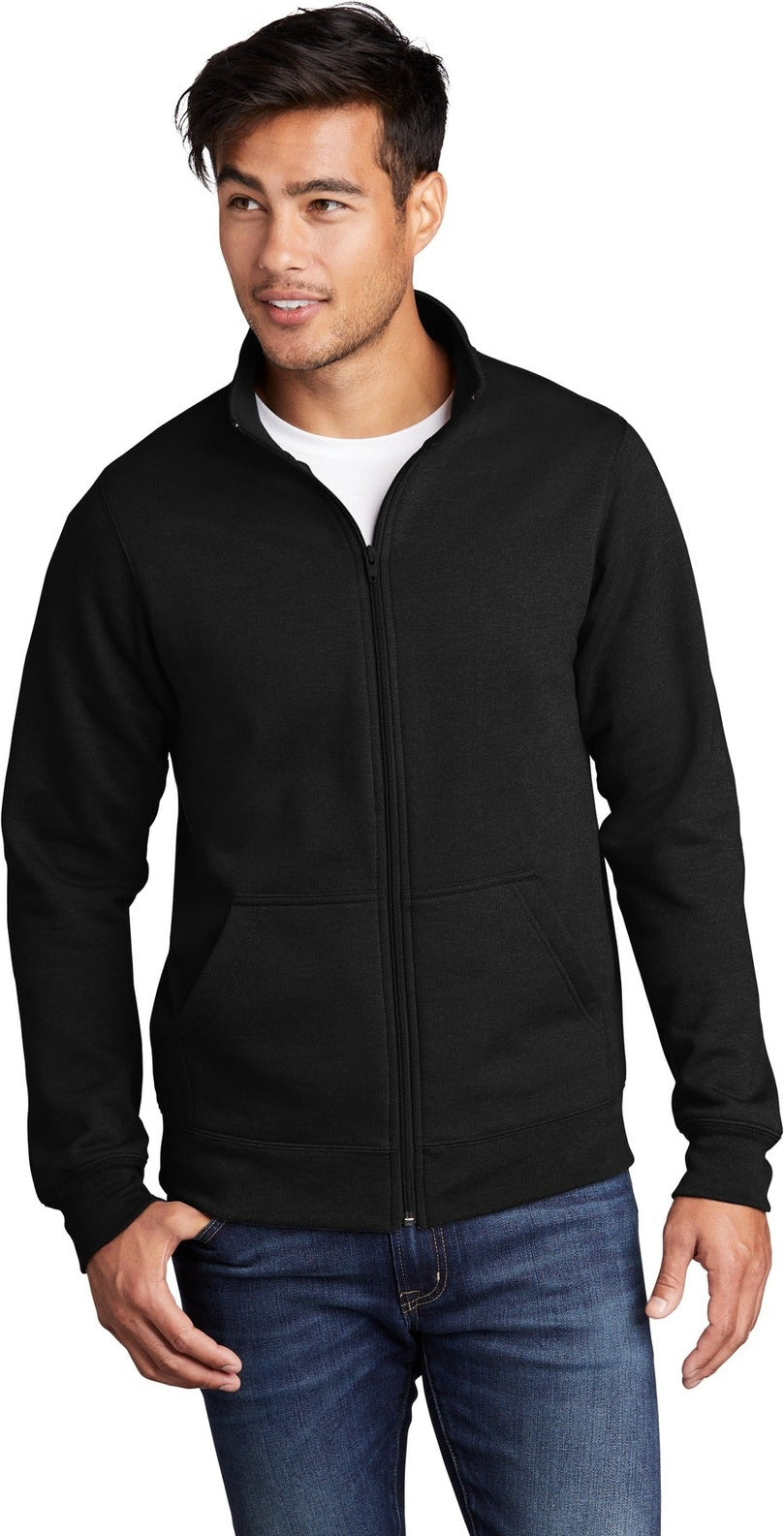 Front View of Jet Black Port & Co Core Fleece Cadet Full-Zip Sweatshirt PC78FZ