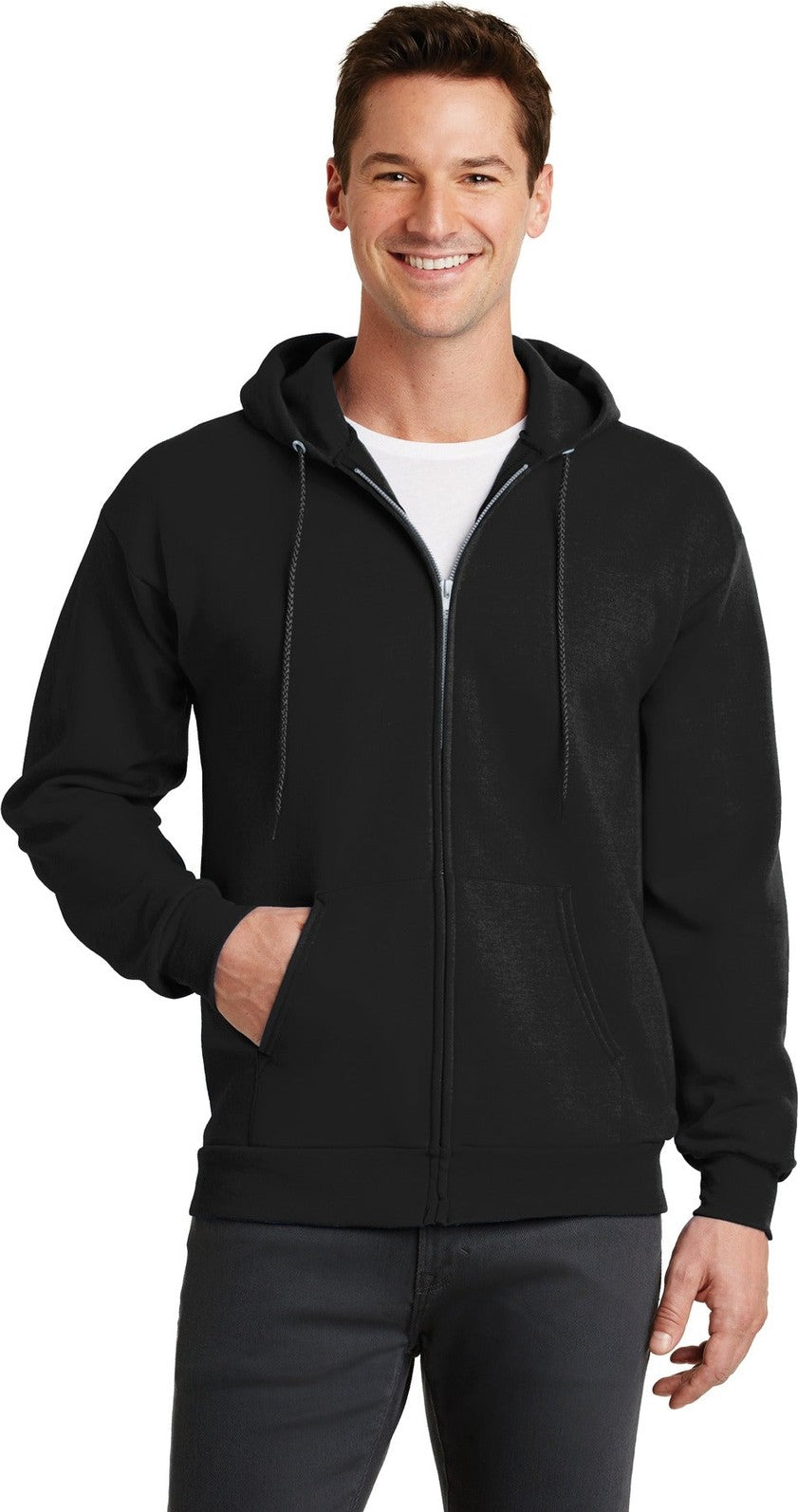 Front View of Jet Black Port & Co Core Fleece Full-Zip Hooded Sweatshirt. PC78ZH