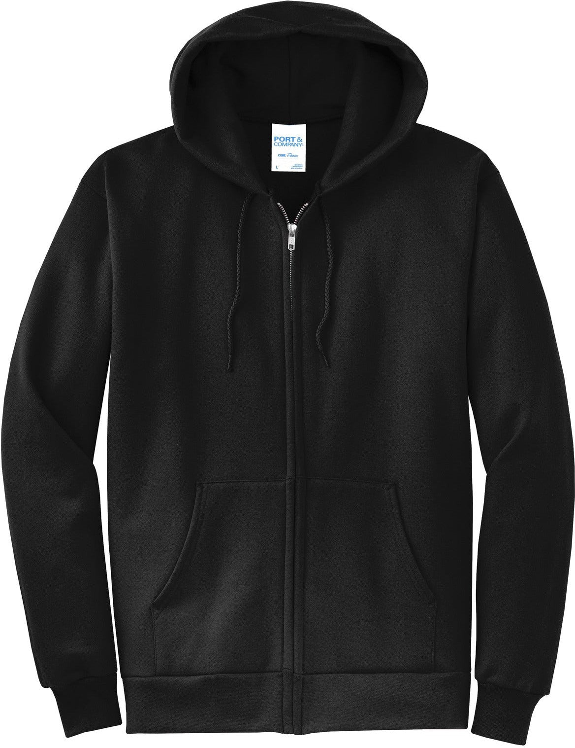 Front View of Jet Black Port & Co Core Fleece Full-Zip Hooded Sweatshirt. PC78ZH