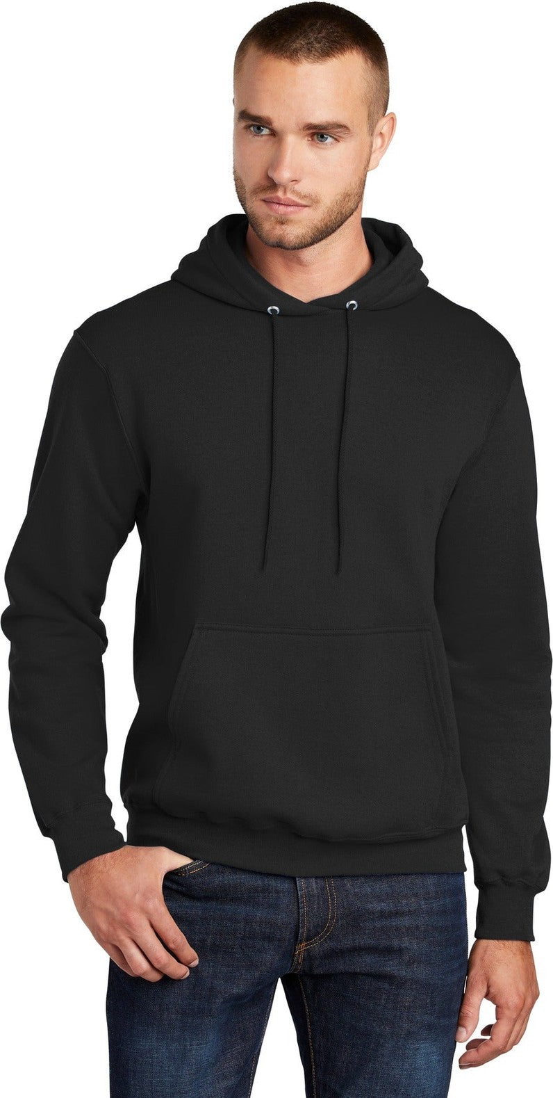 Front View of Jet Black Port & Co Core Fleece Pullover Hooded Sweatshirt. PC78H