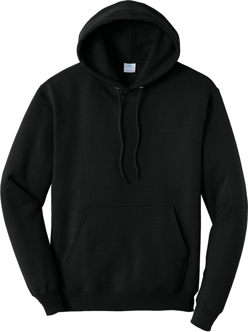 Front View of Jet Black Port & Co Core Fleece Pullover Hooded Sweatshirt. PC78H