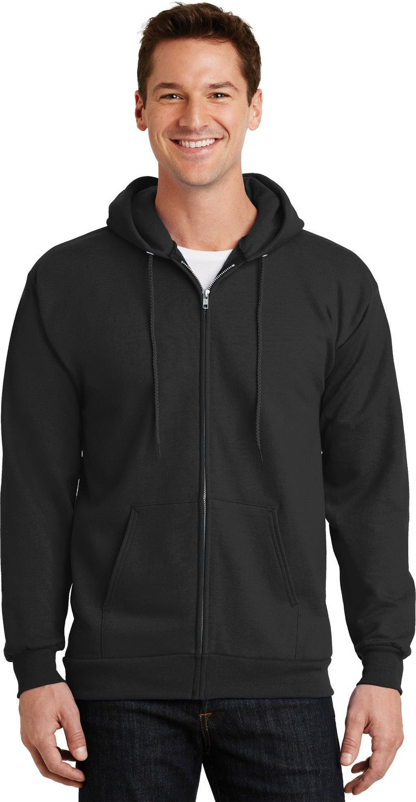 Front View of Jet Black Port & Co Essential Fleece Full-Zip Hooded Sweatshirt. PC90ZH