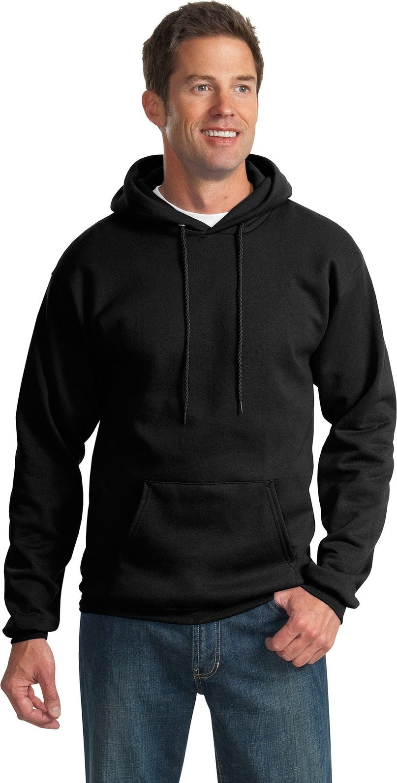 Front View of Jet Black Port & Co Essential Fleece Pullover Hooded Sweatshirt. PC90H