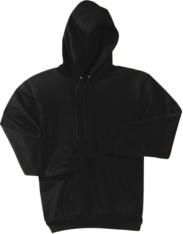 Front View of Jet Black Port & Co Essential Fleece Pullover Hooded Sweatshirt. PC90H