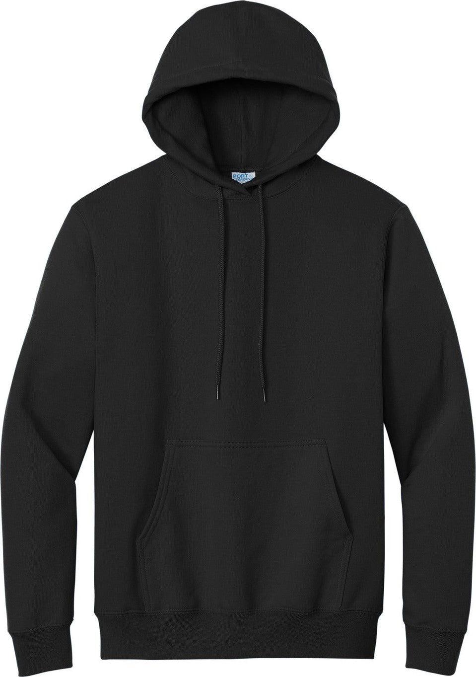 Front View of Jet Black Port & Co Essential Fleece Pullover Hooded Sweatshirt. PC90H