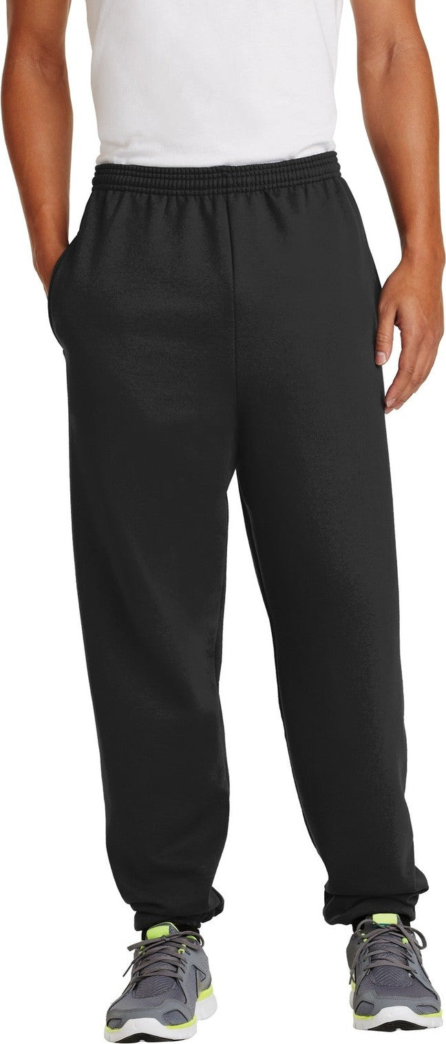 Front View of Jet Black Port & Co Essential Fleece Sweatpant with Pockets. PC90P