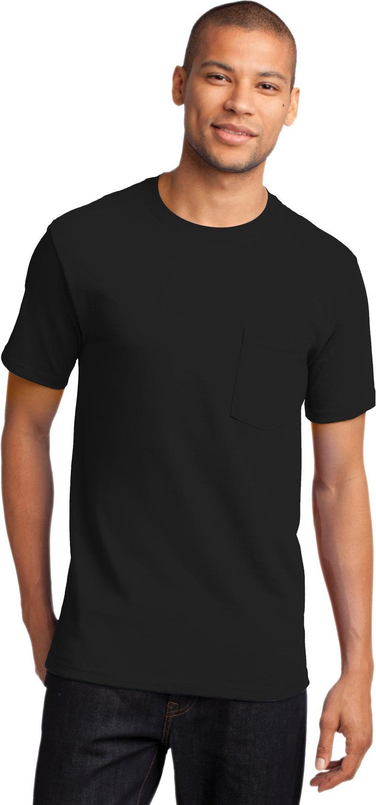 Front View of Jet Black Port & Co Essential Pocket Tee. PC61P