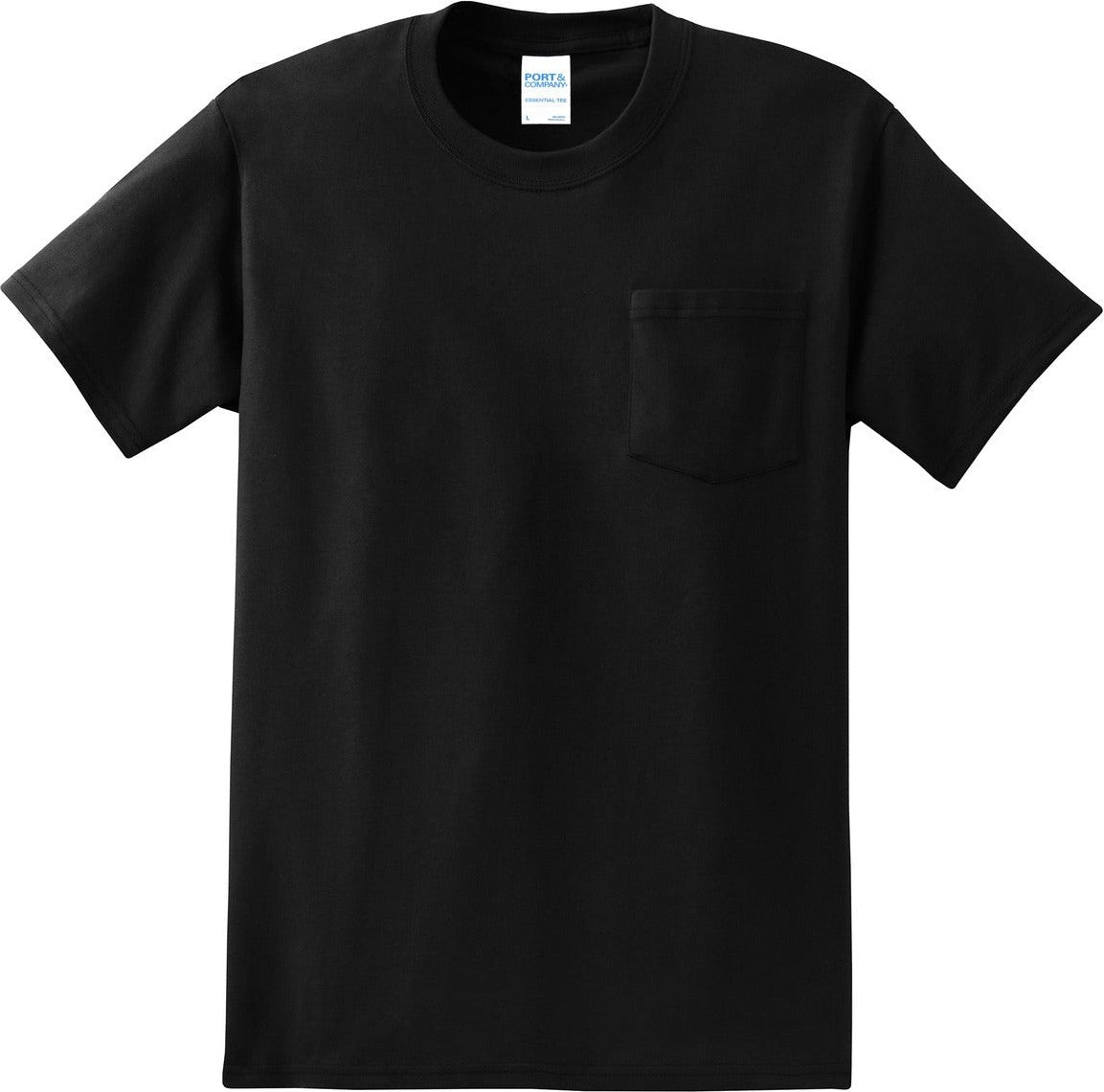 Front View of Jet Black Port & Co Essential Pocket Tee. PC61P