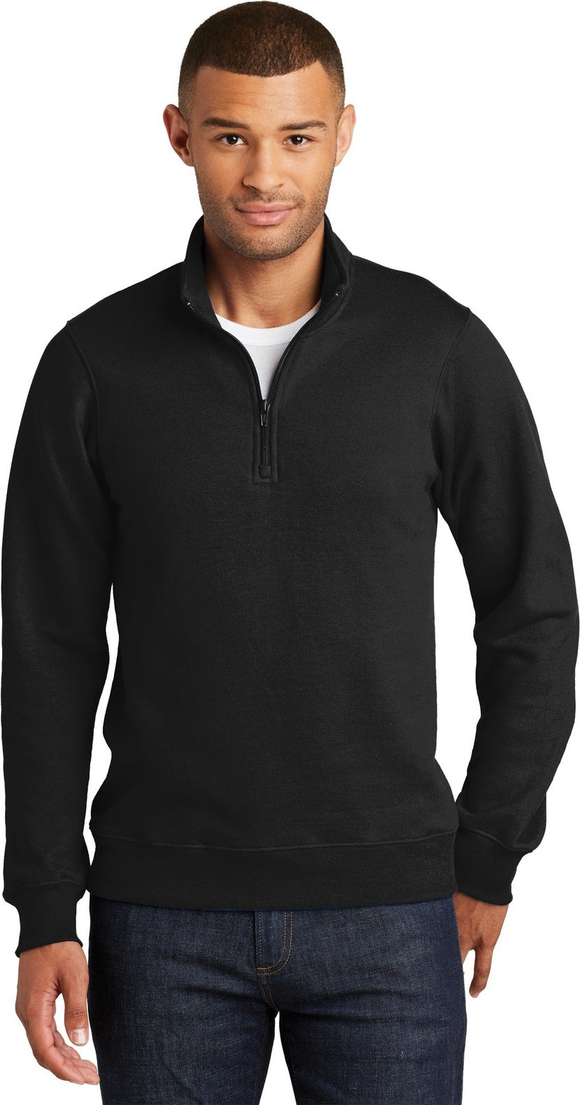 Front View of Jet Black Port & Co Fan Favorite Fleece 1/4-Zip Pullover Sweatshirt. PC850Q