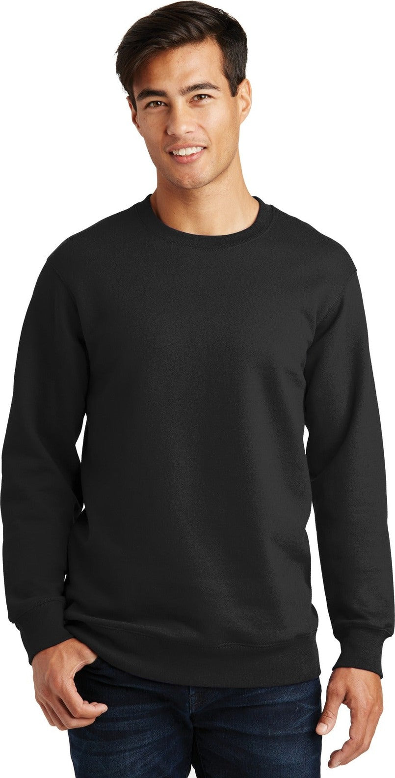 Front View of Jet Black Port & Co Fan Favorite Fleece Crewneck Sweatshirt. PC850