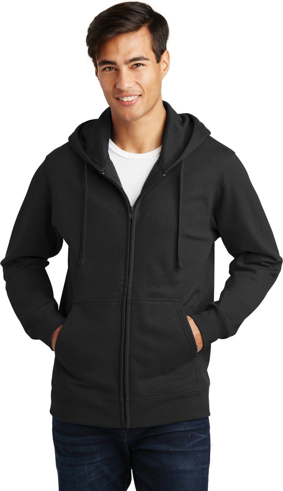 Front View of Jet Black Port & Co Fan Favorite Fleece Full-Zip Hooded Sweatshirt. PC850ZH