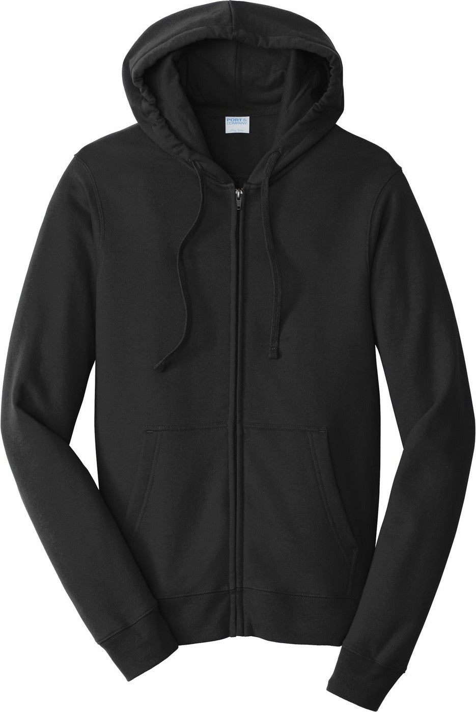 Front View of Jet Black Port & Co Fan Favorite Fleece Full-Zip Hooded Sweatshirt. PC850ZH