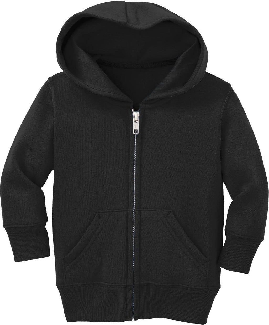 Front View of Jet Black Port & Co Infant Core Fleece Full-Zip Hooded Sweatshirt. CAR78IZH