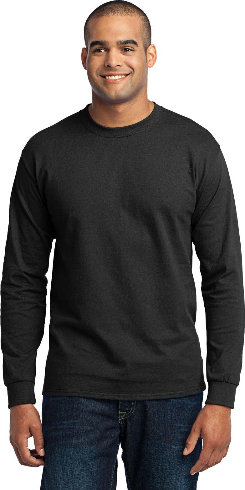 Front View of Jet Black Port & Co Long Sleeve Core Blend Tee. PC55LS