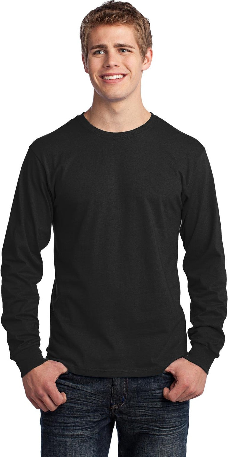 Front View of Jet Black Port & Co Long Sleeve Core Cotton Tee. PC54LS