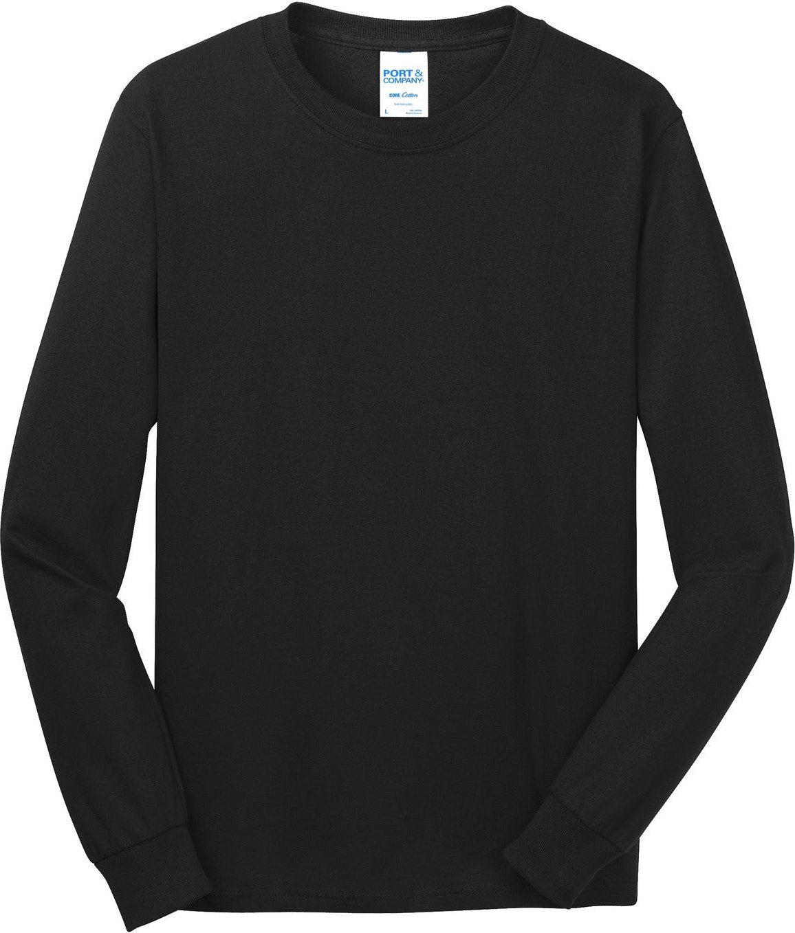 Front View of Jet Black Port & Co Long Sleeve Core Cotton Tee. PC54LS