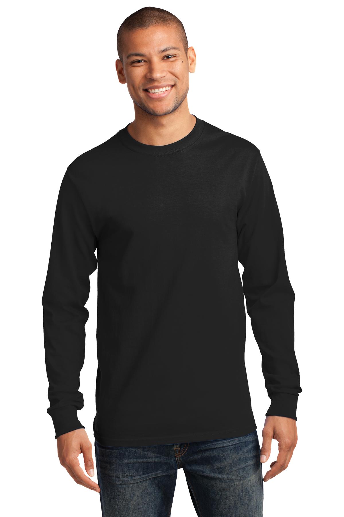 Front View of Jet Black Port & Co Long Sleeve Essential Tee. PC61LS