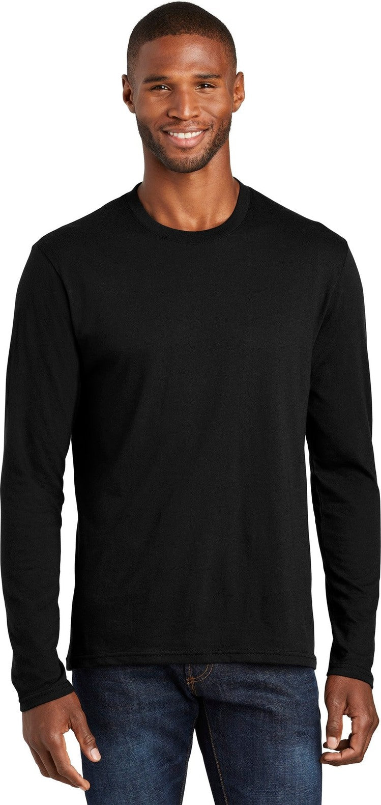 Front View of Jet Black Port & Co Long Sleeve Fan Favorite Blend Tee. PC455LS