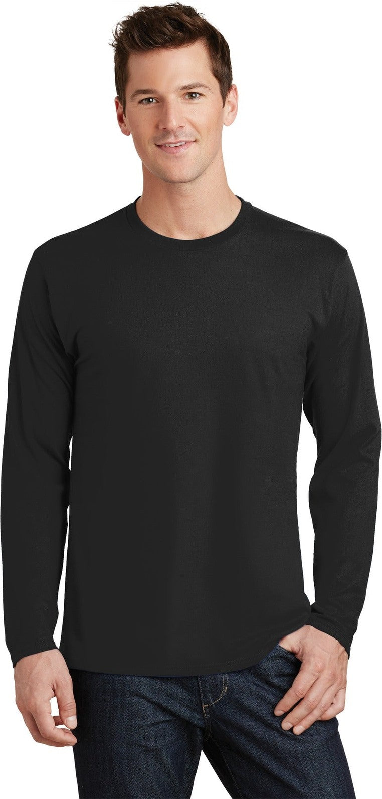Front View of Jet Black Port & Co Long Sleeve Fan Favorite Tee. PC450LS