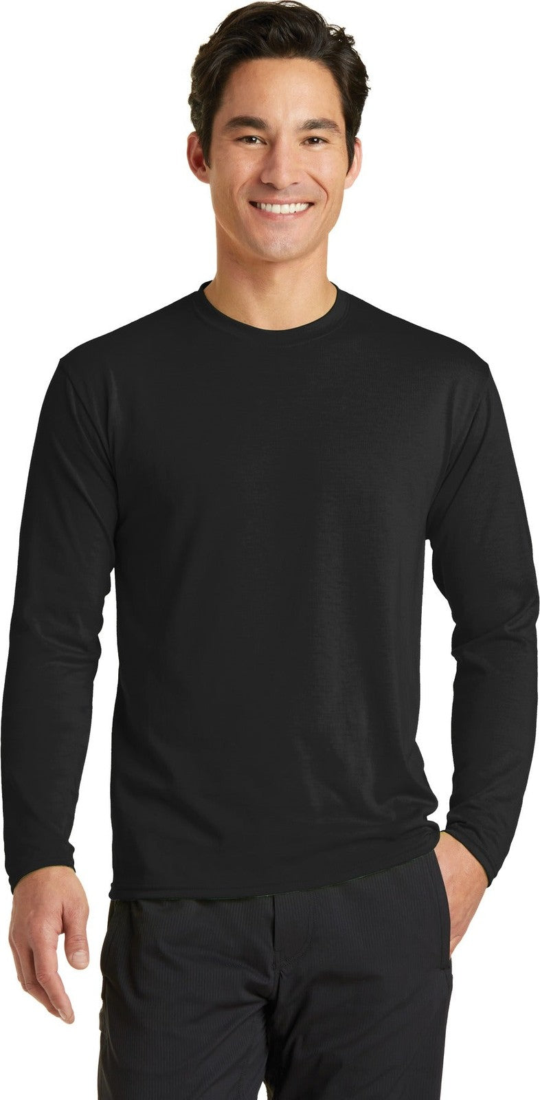 Front View of Jet Black Port & Co Long Sleeve Performance Blend Tee. PC381LS