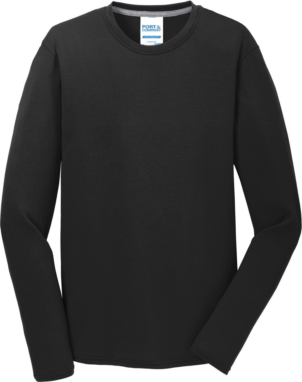 Front View of Jet Black Port & Co Long Sleeve Performance Blend Tee. PC381LS
