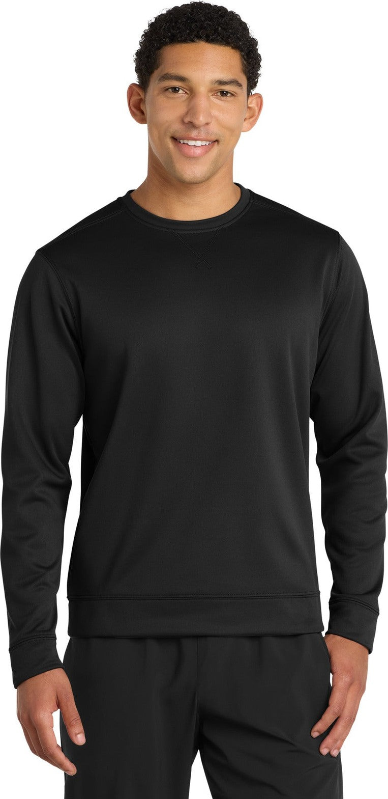 Front View of Jet Black Port & Co Performance Fleece Crewneck Sweatshirt. PC590