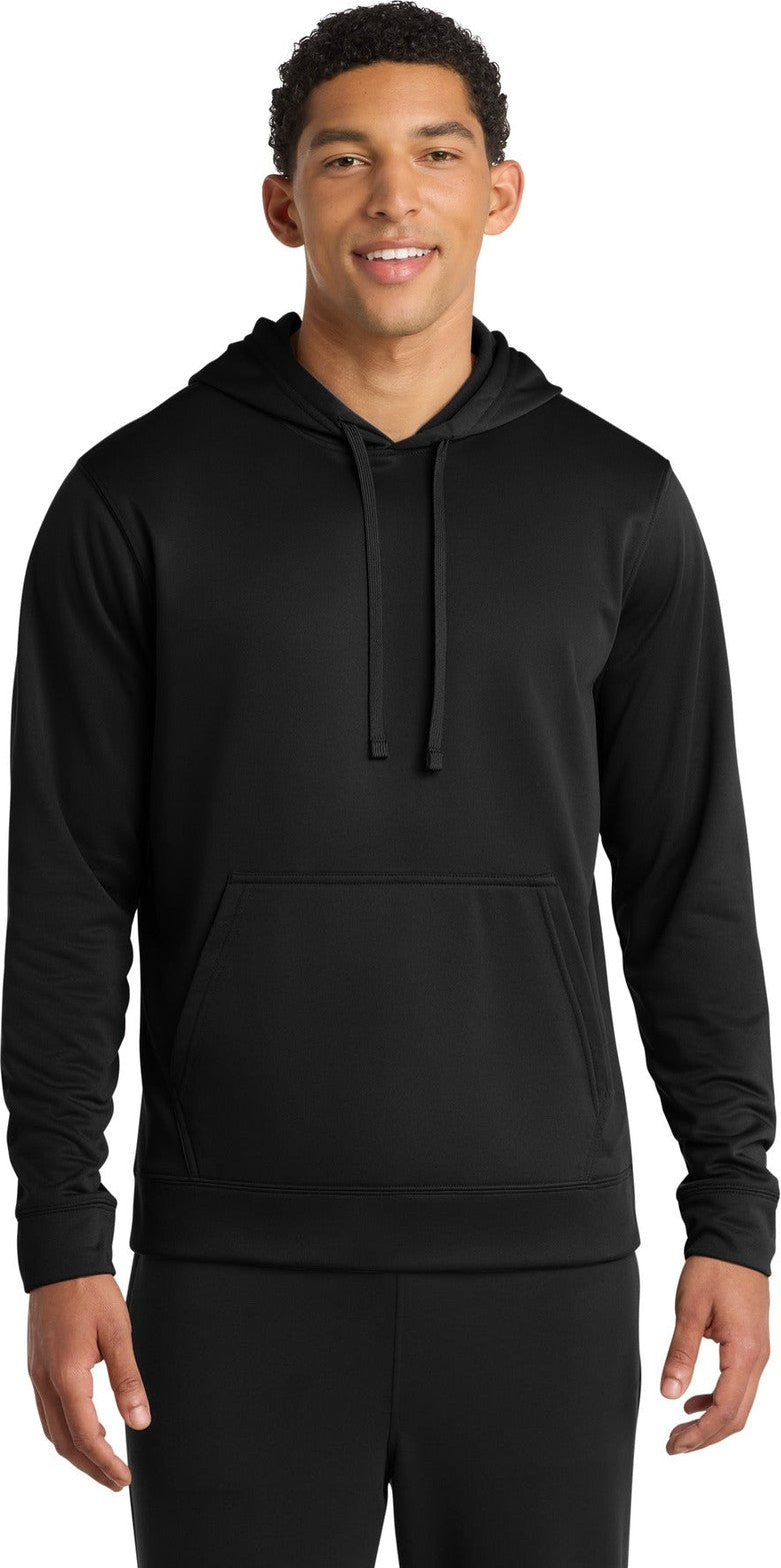 Front View of Jet Black Port & Co Performance Fleece Pullover Hooded Sweatshirt. PC590H