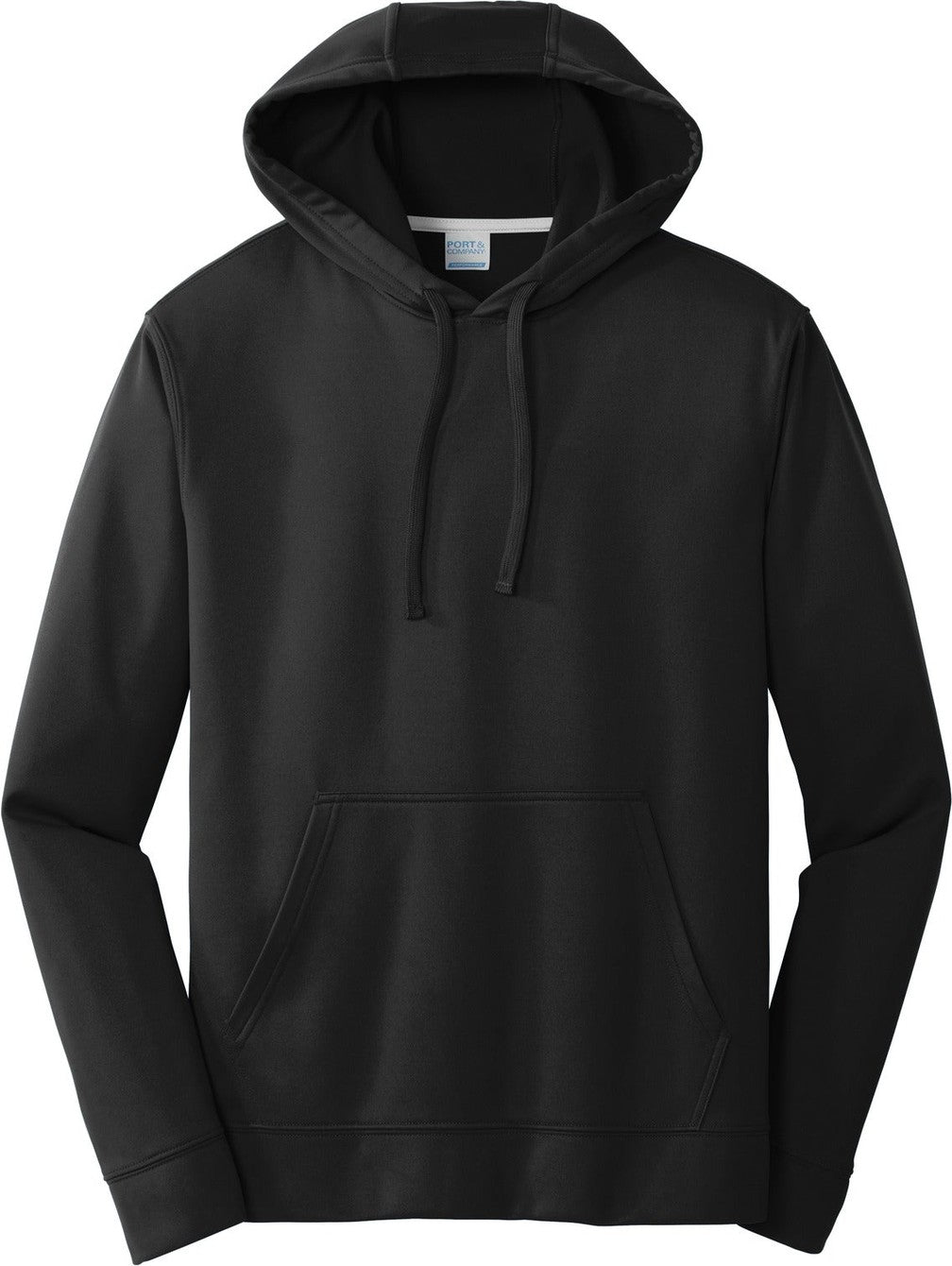 Front View of Jet Black Port & Co Performance Fleece Pullover Hooded Sweatshirt. PC590H