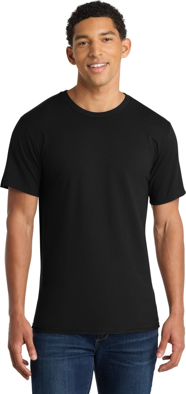 Front View of Jet Black Port & Co Ring Spun Cotton Tee. PC150