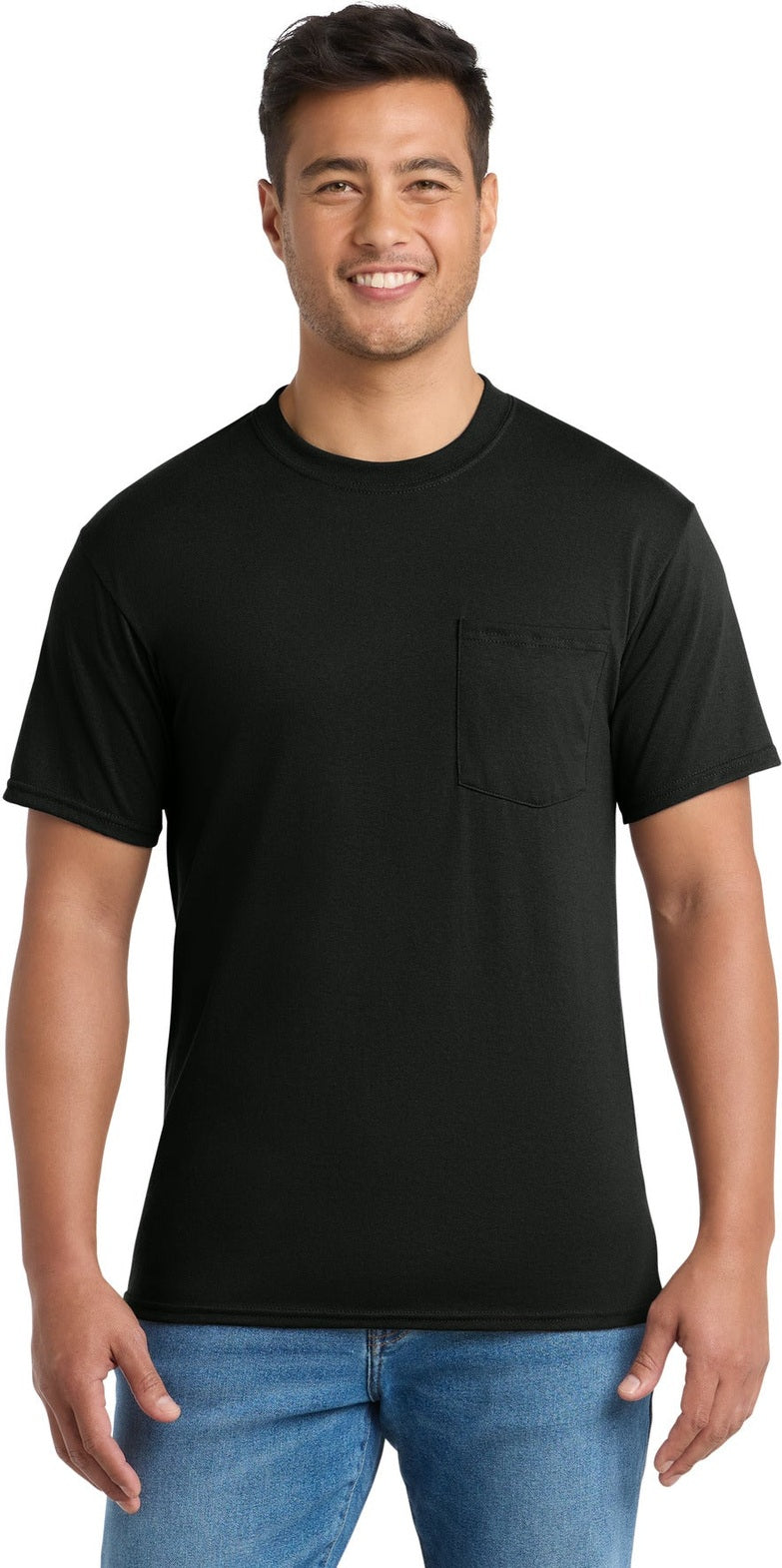 Front View of Jet Black Port & Co Tall Core Blend Pocket Tee. PC55PT
