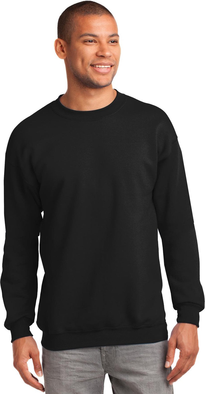 Front View of Jet Black Port & Co Tall Essential Fleece Crewneck Sweatshirt. PC90T