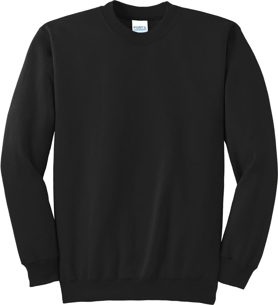 Front View of Jet Black Port & Co Tall Essential Fleece Crewneck Sweatshirt. PC90T