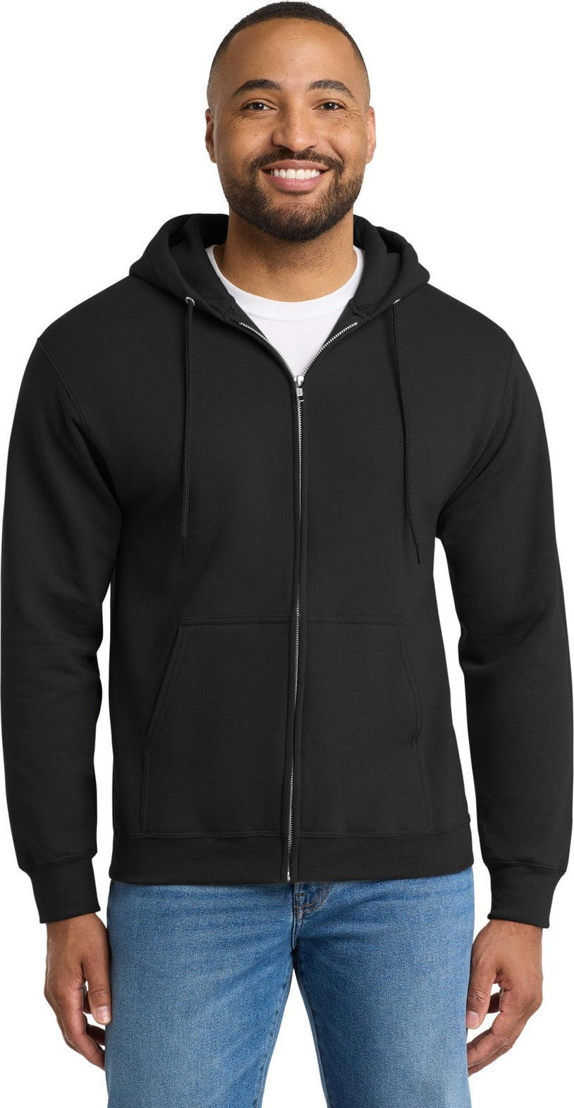 Front View of Jet Black Port & Co Tall Essential Fleece Full-Zip Hooded Sweatshirt. PC90ZHT